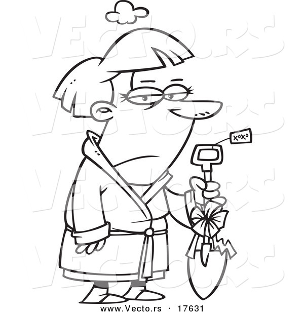 Vector of a Cartoon Grumpy Woman Holding a Shovel As a Gift - Coloring Page Outline
