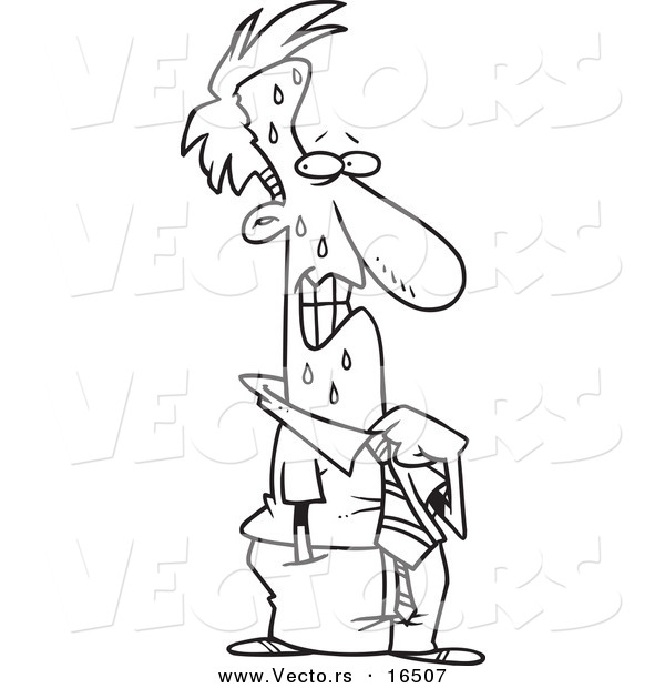 Vector of a Cartoon Guilty Businessman Sweating and Loosening His Collar - Outlined Coloring Page Drawing