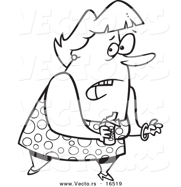 Vector of a Cartoon Guilty Overweight Girl Eating a Candy Bar - Outlined Coloring Page Drawing