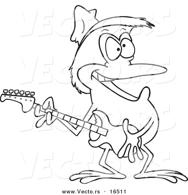 Vector of a Cartoon Guitarist Frog Wearing a Straw Hat - Outlined Coloring Page Drawing