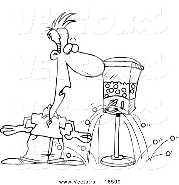 Vector of a Cartoon Gumball Machine Dropping Gum on the Floor by a Man - Outlined Coloring Page Drawing