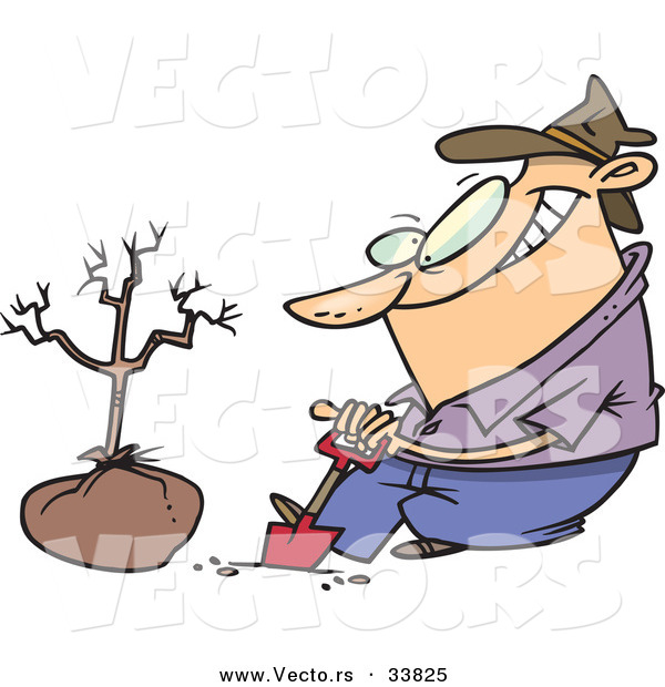Vector of a Cartoon Guy Digging a Hole with a Shovel Beside a New Tree