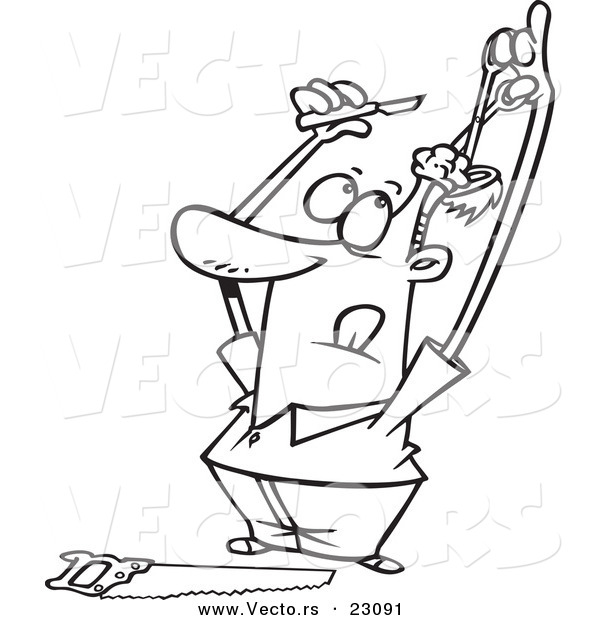 Vector of a Cartoon Guy Doing His Own Brain Surgery - Coloring Page Outline