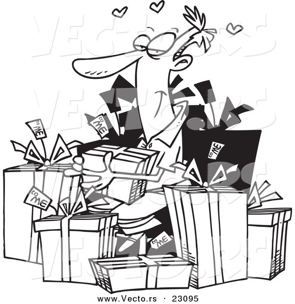Vector of a Cartoon Guy Giving Himself Gifts - Coloring Page Outline