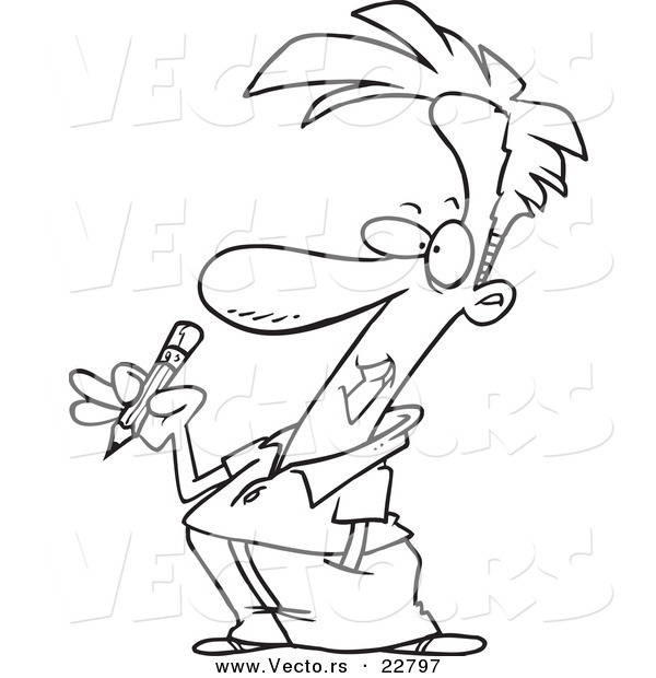 Vector of a Cartoon Guy Holding a Pencil - Coloring Page Outline