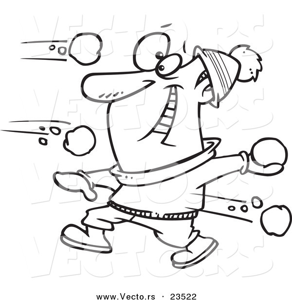 Vector of a Cartoon Guy in a Snowball Fight - Coloring Page Outline
