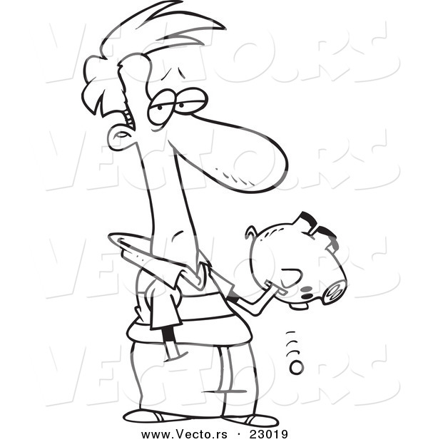 Vector of a Cartoon Guy Reaching into His Piggy Bank - Coloring Page Outline