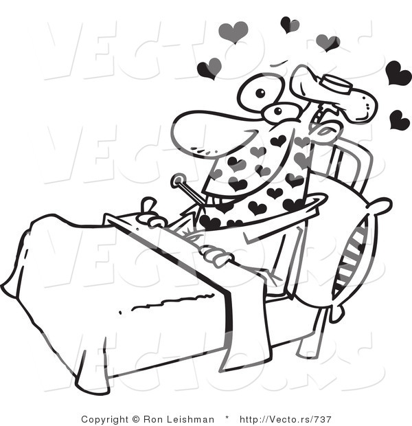 Vector of a Cartoon Guy Resting in Bed with Love Sickness - Line Drawing