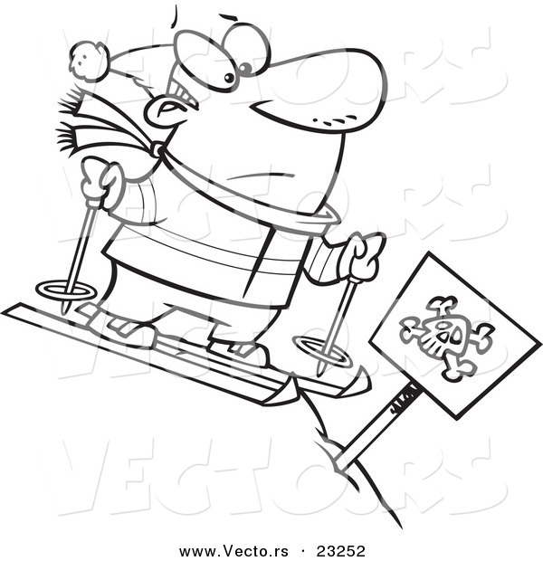 Vector of a Cartoon Guy Skiing down a Dangerous Slope - Coloring Page Outline