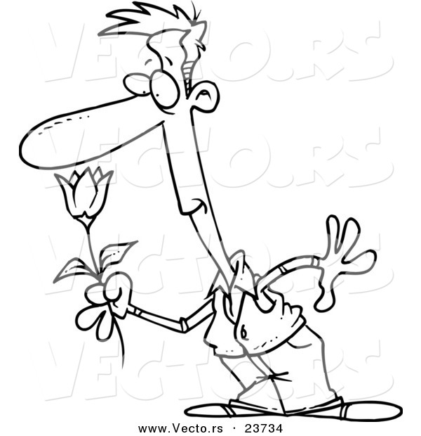 Vector of a Cartoon Guy Smelling a Spring Flower - Coloring Page Outline