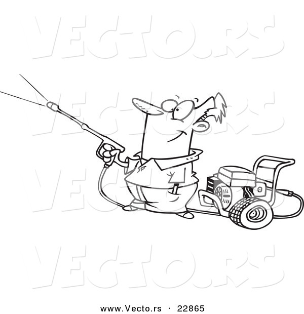 Vector of a Cartoon Guy Using a Pressure Washer - Coloring Page Outline