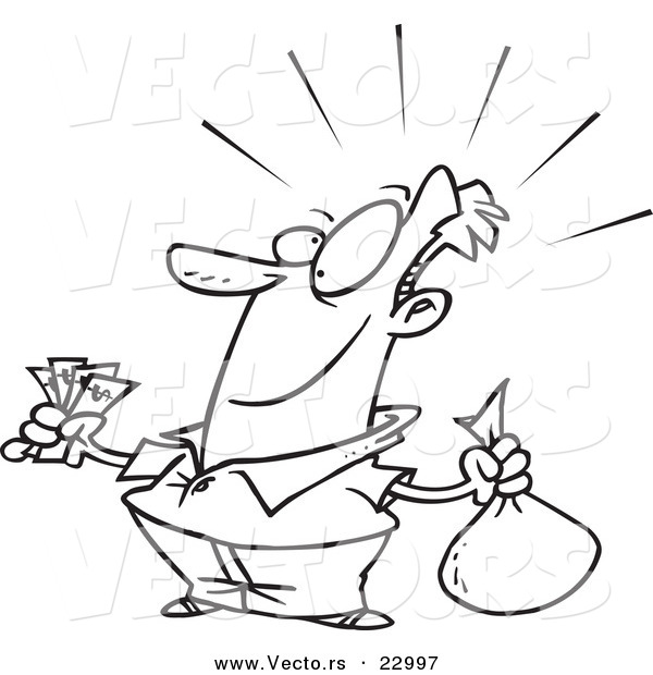 Vector of a Cartoon Guy with a Lot of Savings - Coloring Page Outline