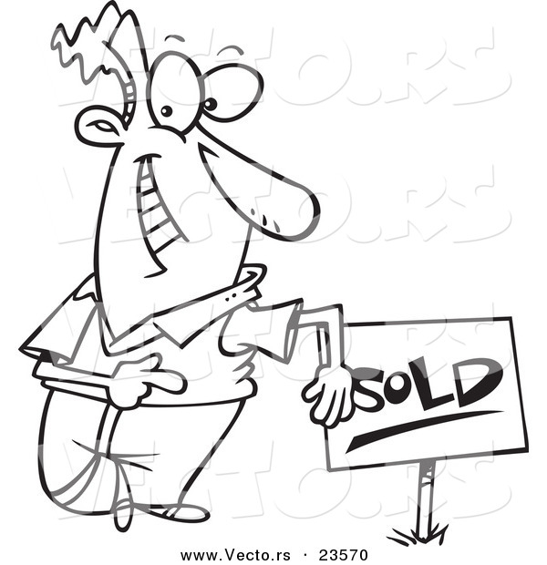Vector of a Cartoon Guy with a Sold Sign - Coloring Page Outline