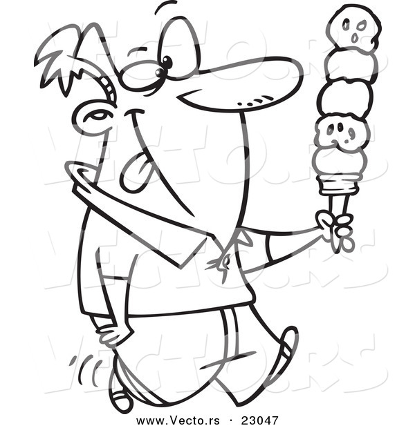 Vector of a Cartoon Guy with Lots of Ice Cream Scoops - Coloring Page Outline