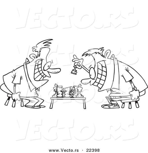 Vector of a Cartoon Guys Playing Chess - Coloring Page Outline