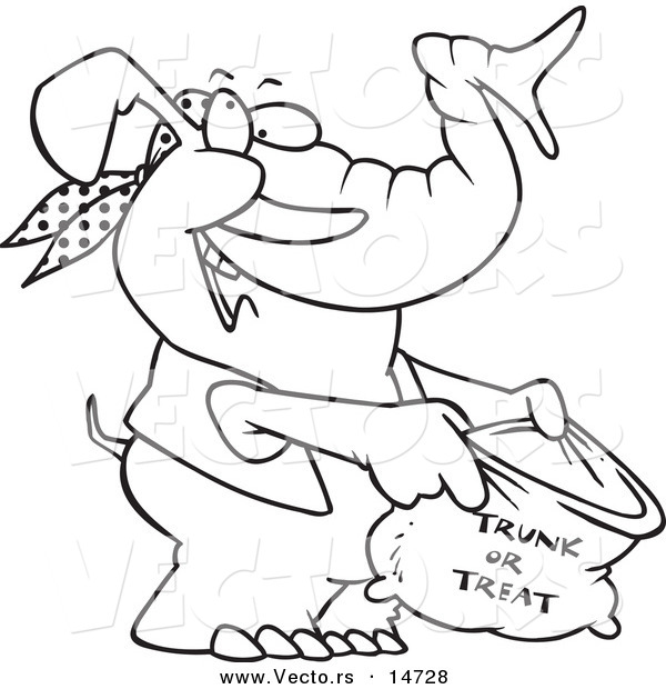 Vector of a Cartoon Halloween Elephant Holding a Trunk or Treat Bag - Coloring Page Outline