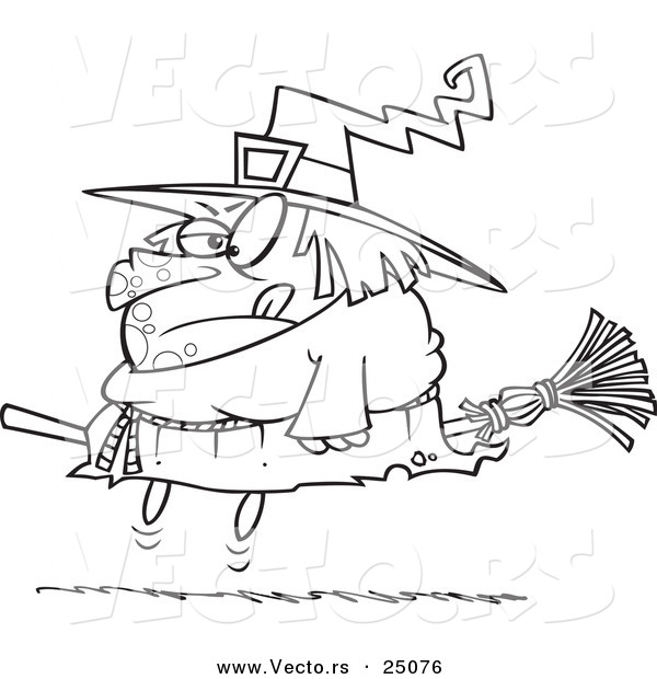 Vector of a Cartoon Halloween Fat Witch on a Broomstick - Outlined Coloring Page