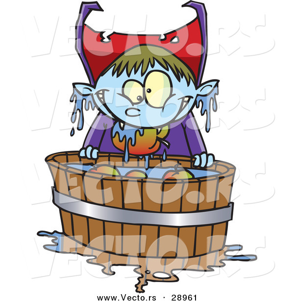 Vector of a Cartoon Halloween Vampire Kid Bobbing for Apples