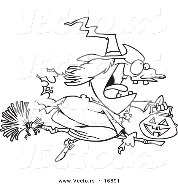 Vector of a Cartoon Halloween Witch Flying on Her Broom - Coloring Page Outline