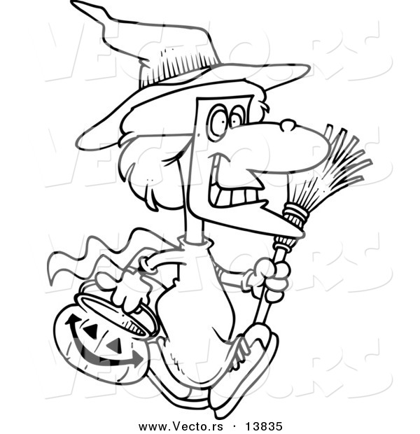 Vector of a Cartoon Halloween Witch Girl Carrying a Pumpkin Basket - Coloring Page Outline