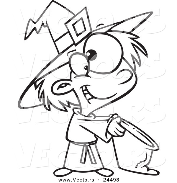 Vector of a Cartoon Halloween Witch Girl Trick or Treating - Outlined Coloring Page