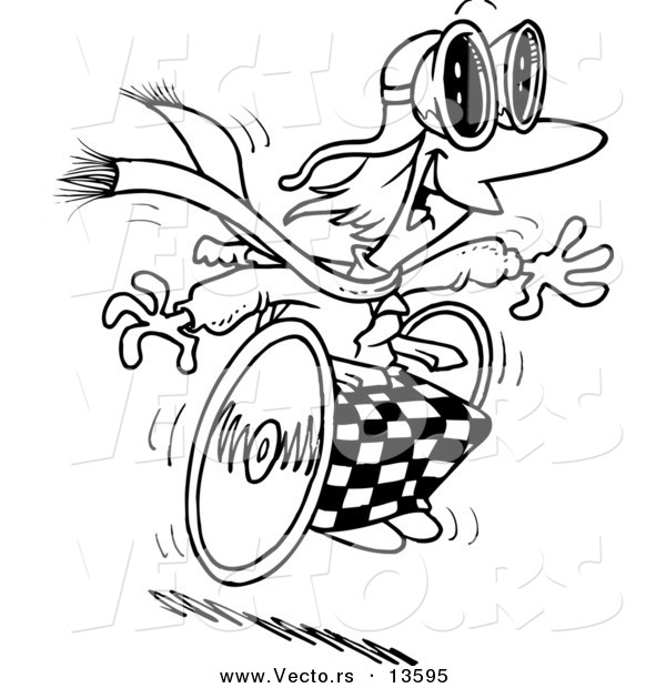 Vector of a Cartoon Handicap Person Racing Downhill on a Wheelchair - Coloring Page Outline