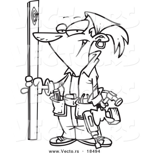 Vector of a Cartoon Handy Woman Holding a Board - Outlined Coloring Page