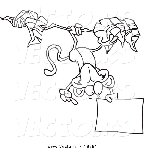 Vector of a Cartoon Hanging Monkey Holding a Sign - Outlined Coloring Page