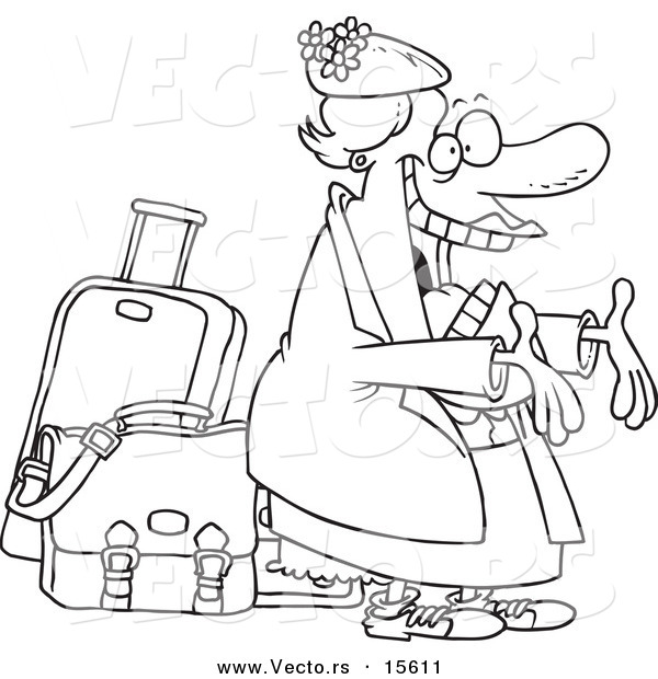Vector of a Cartoon Happy Auntie Greeting by Her Luggage - Coloring Page Outline