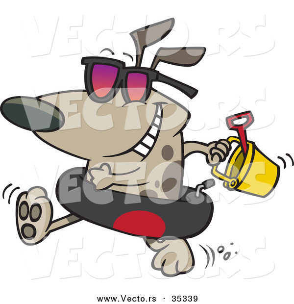 Vector of a Cartoon Happy Beach Dog Wearing an Inner Tube While Carrying a Bucket ToysCartoon Happy Beach Dog Wearing an Inner Tube While Carrying a Bucket Toys