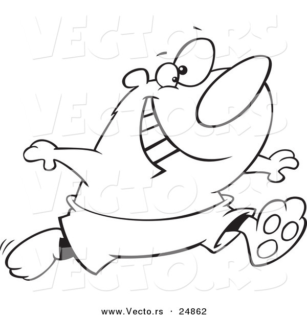 Vector of a Cartoon Happy Bear Running in Swim Trunks - Outlined Coloring Page