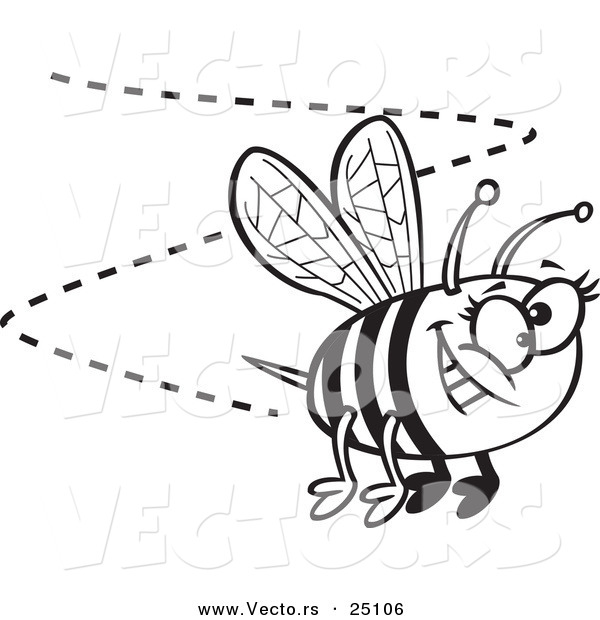 Vector of a Cartoon Happy Bee Buzzing Around - Coloring Page Outline