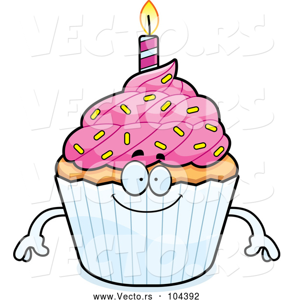 Vector of a Cartoon Happy Birthday Cupcake Mascot