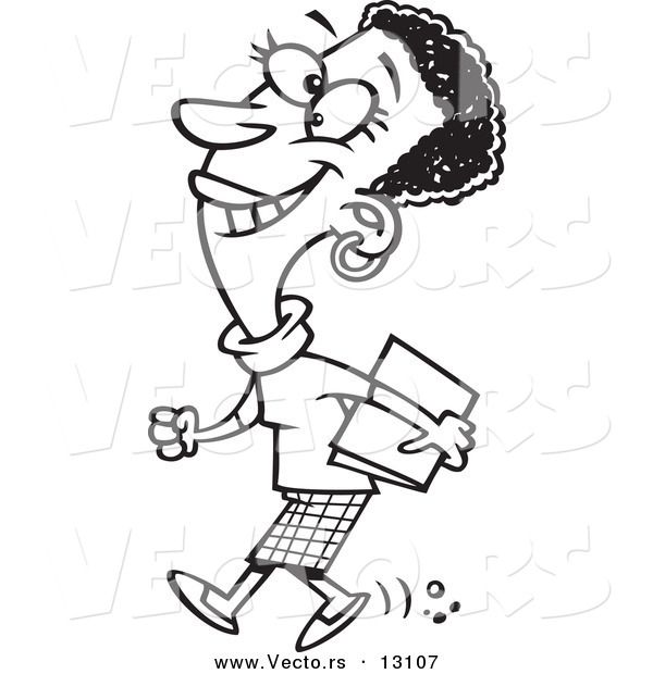 Vector of a Cartoon Happy Black Business Woman Walking to a Meeting - Outlined Coloring Page