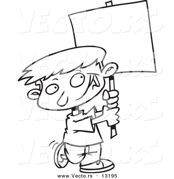 Vector of a Cartoon Happy Boy Advertising with a Blank Sign - Coloring Page Outline