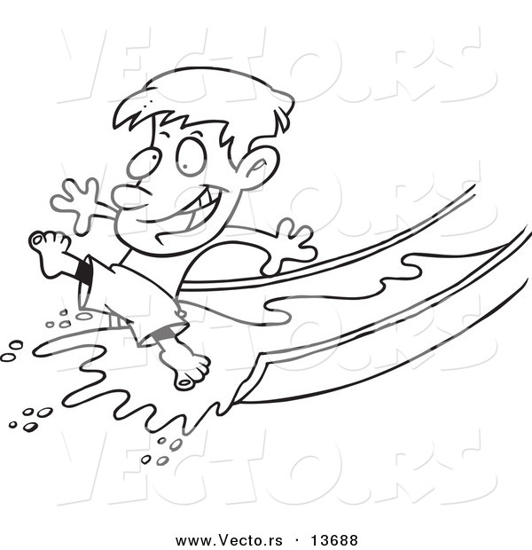Vector of a Cartoon Happy Boy on a Water Slide - Coloring Page Outline
