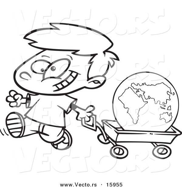 Vector of a Cartoon Happy Boy Pulling the Globe in a Wagon - Outlined Coloring Page Drawing