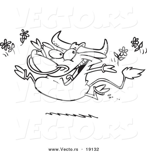 Vector of a Cartoon Happy Bull Tossing Daisies - Outlined Coloring Page