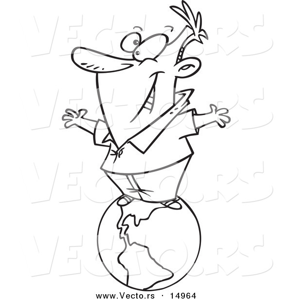 Vector of a Cartoon Happy Businessman Standing on Top of the World - Coloring Page Outline
