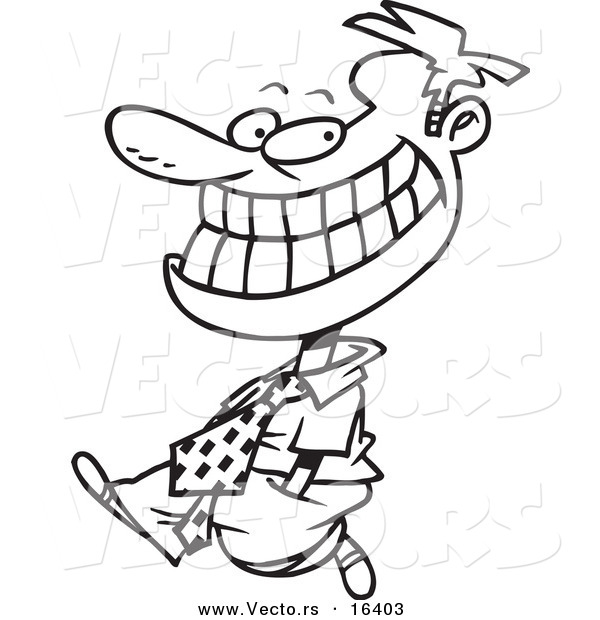 Vector of a Cartoon Happy Businessman Walking and Grinning - Outlined Coloring Page Drawing