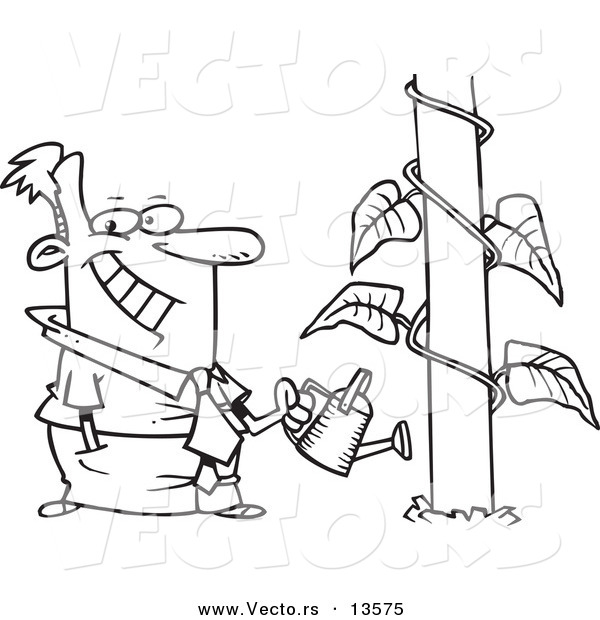 Vector of a Cartoon Happy Businessman Watering a Plant Showing Extreme Growth - Coloring Page Outline