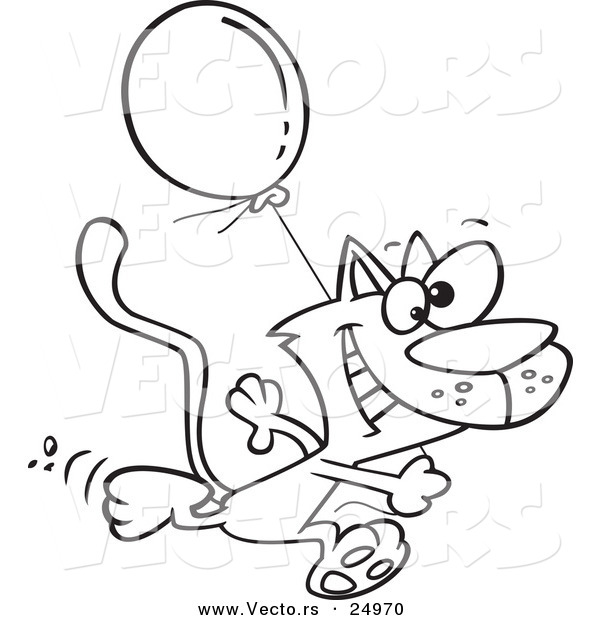 Vector of a Cartoon Happy Cat Running with a Birthday Balloon - Outlined Coloring Page