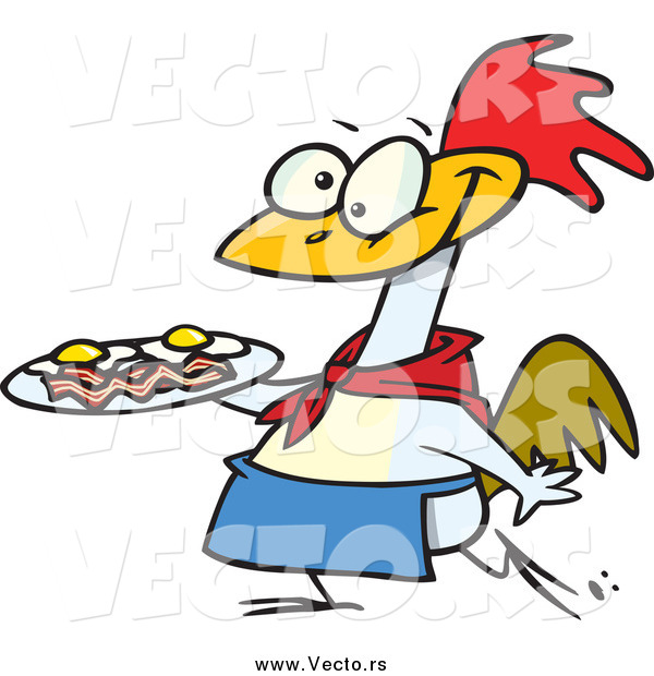 Vector of a Cartoon Happy Chicken Carrying a Plate of Eggs and Bacon