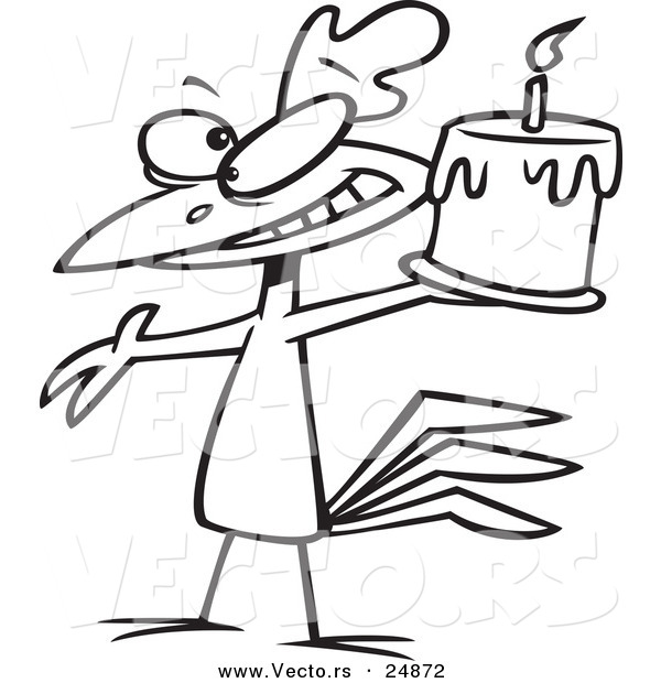 Vector of a Cartoon Happy Chicken Holding a Birthday Cake - Outlined Coloring Page