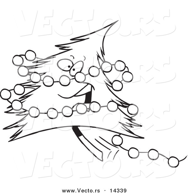 Vector of a Cartoon Happy Christmas Tree with Baubles - Coloring Page Outline