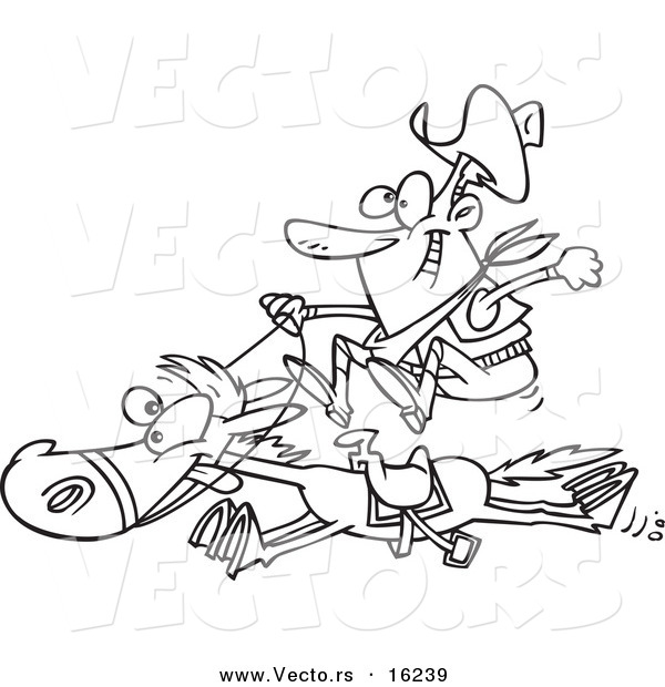 Vector of a Cartoon Happy Cowboy on a Galloping Horse - Outlined Coloring Page Drawing