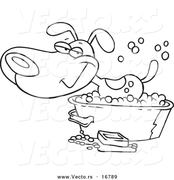 Vector of a Cartoon Happy Dog Bathing in a Tub - Coloring Page Outline
