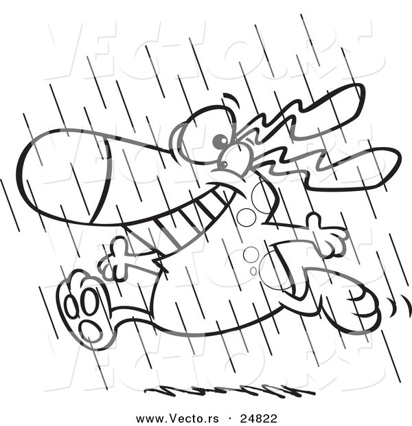 Vector of a Cartoon Happy Dog Running in the Rain During Spring Showers - Outlined Coloring Page