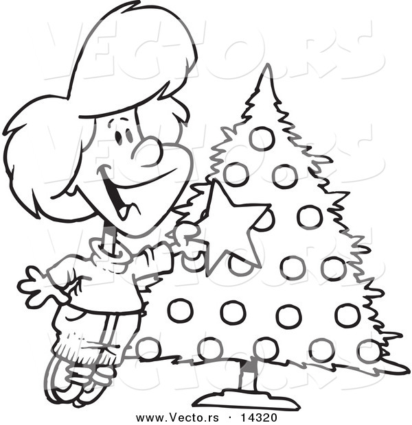 Vector of a Cartoon Happy Girl Decorating a Christmas Tree - Coloring Page Outline
