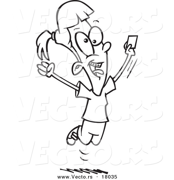 Vector of a Cartoon Happy Girl Holding a License - Outlined Coloring Page